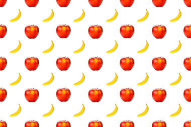 Kusursuz sarı muz ve kırmızı elma desenli tasarım, beyaz arka planda izole edilmiş..