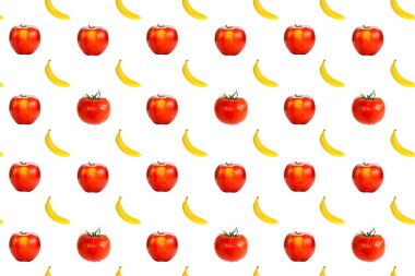 Kusursuz sarı muz ve kırmızı elma desenli tasarım, beyaz arka planda izole edilmiş..