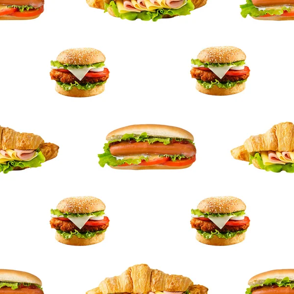 Burger Hotdog Sandwich Nahtlose Kontinuierliche Muster Hintergrunddesign Fast Food Isoliert — Stockfoto