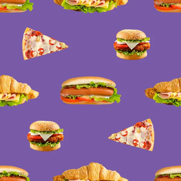 핫도그 샌드위치 그리고 피자는 무궁무진 그라운드 디자인이었습니다 배경에 고립된 패스트푸드 — 스톡 사진