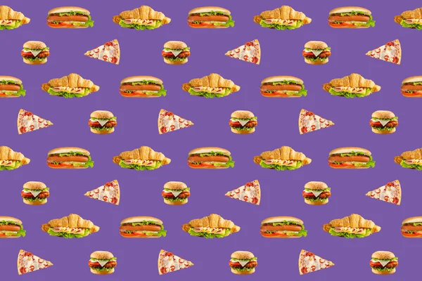 Hamburguesa Perrito Caliente Sándwich Pizza Sin Costuras Patrón Diseño Fondo — Foto de Stock