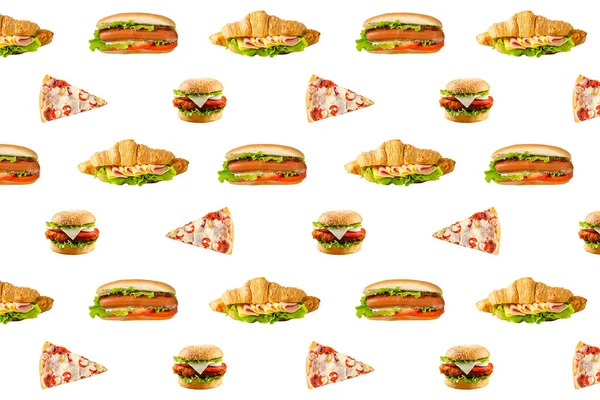 Burger Hotdog Sandwich Und Pizza Nahtlos Durchgehende Muster Hintergrunddesign Fast — Stockfoto