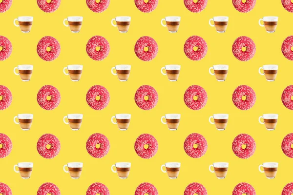 Fondo Sin Costuras Con Patrón Una Taza Café Deliciosas Rosquillas — Foto de Stock