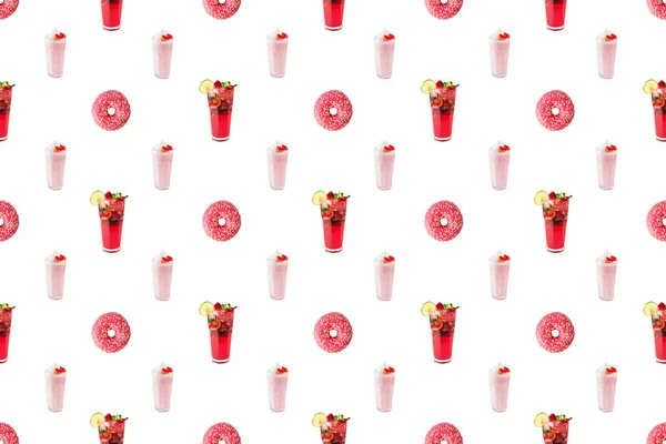 Sömlöst Mönster Rosa Söt Mat Donut Milkshake Textur För Tyg — Stockfoto