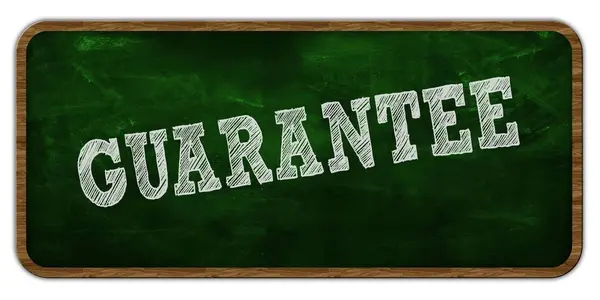 GUARANTEE written with chalk on green chalkboard. Wooden frame. — Stock Photo, Image