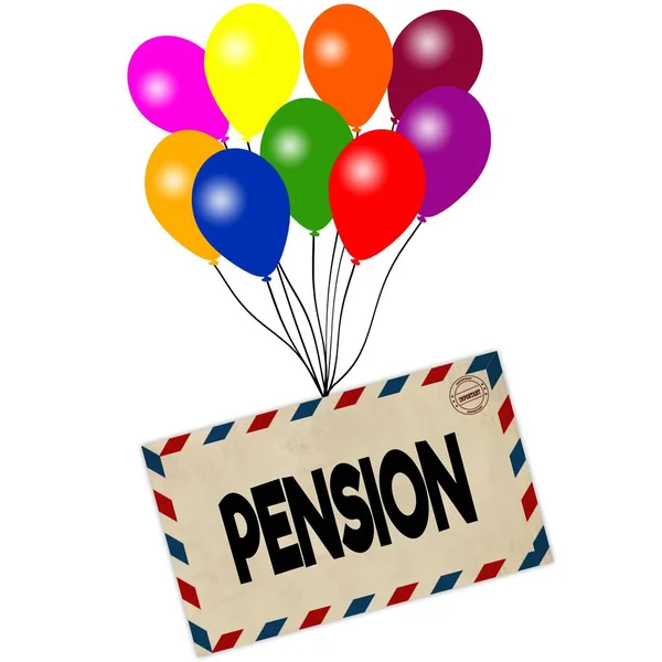 PENSION on envelope pulled by coloured balloons isolated on white background — Stock Photo, Image