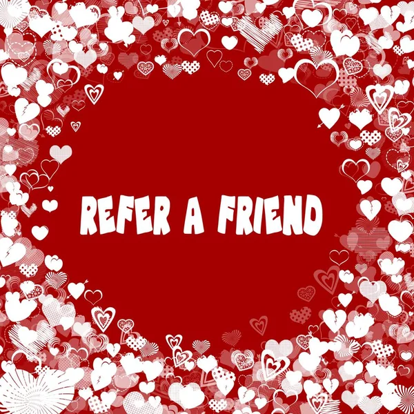 Cuori incorniciati con REFER A Friend testo su sfondo rosso . — Foto Stock