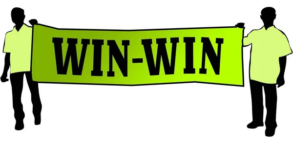 Win Win på en grön banner som bärs av två män. — Stockfoto