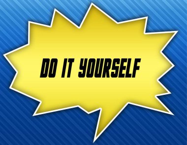 Parlak sarı konuşma balonu Do It Yourself mesaj ile. Mavi çizgili arka plan.