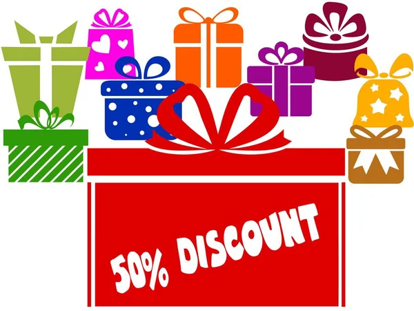 Gift boxes with 50 PERCENT DISCOUNT text. — Stock Photo, Image