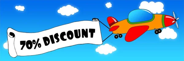 Cartoon aeroplane and banner with 70 PERCENT DISCOUNT text on a — Stock Photo, Image