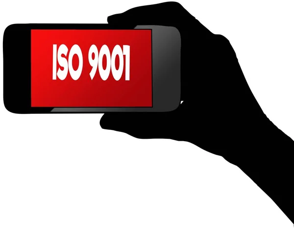 红色智能手机屏幕上的 Iso 9001. — 图库照片