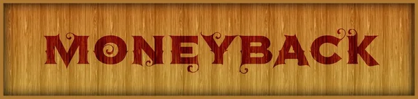 Vintage font text MONEYBACK on square wood panel background.