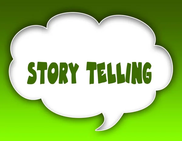 STORY TELLING message on speech cloud graphic. Green background.