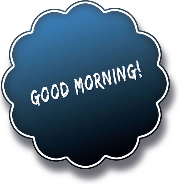 Good MORNING text written on blue round label badge . — стоковое фото