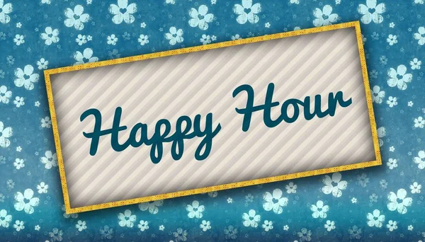 Malerei mit Happy-Hour-Botschaft auf blauer Tapete mit Blumen. — Stockfoto