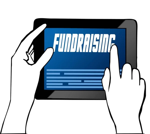 Hand pekar på Fundraising text på surfplatta. Illustration. — Stockfoto