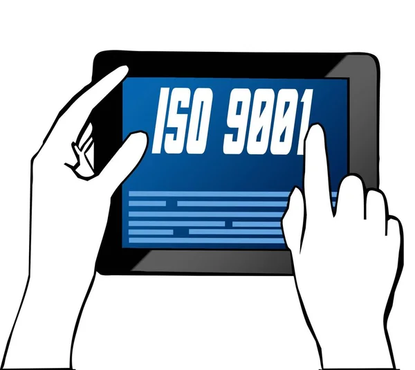 Mão apontando para o texto ISO 9001 em tablet. Ilustração . — Fotografia de Stock