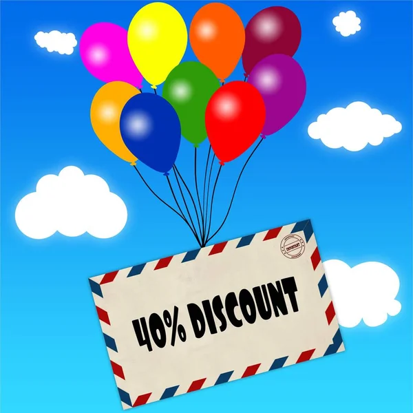 Envelope with 40 PERCENT DISCOUNT message attached to multicoloured balloons on blue sky and clouds background. — Stock Photo, Image