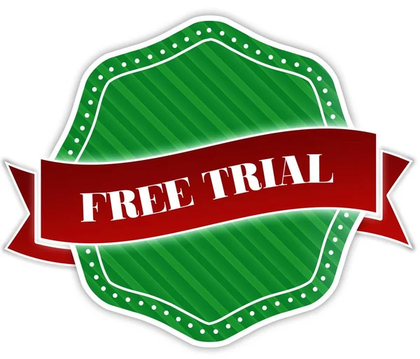 Green badge with FREE TRIAL text on red ribbon. — Stock Photo, Image