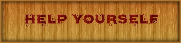 Vintage font text HELP YOURSELF on square wood panel background.