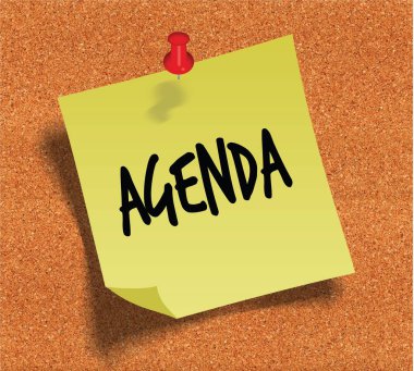 Sarı yapışkan kağıt kayda göre cork göstermek arka plan üzerinde el yazısı gündem.