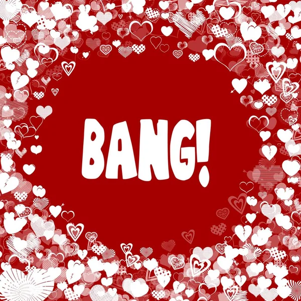 Hearts frame with BANG   text on red background.
