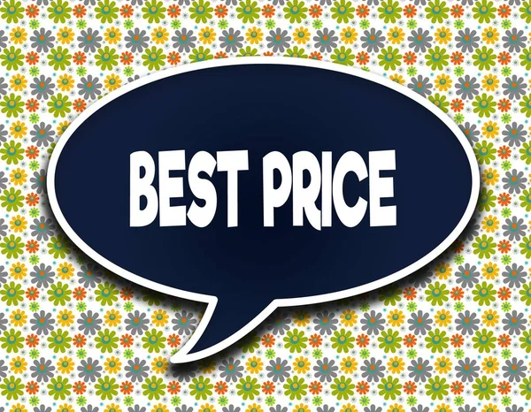 Globo palabra azul oscuro con el mejor precio mensaje de texto. Fondo de pantalla flores . —  Fotos de Stock