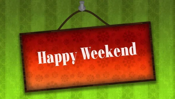 Happy Weekend Text auf hängender orangefarbener Tafel. grün gestreifte Tapa — Stockfoto