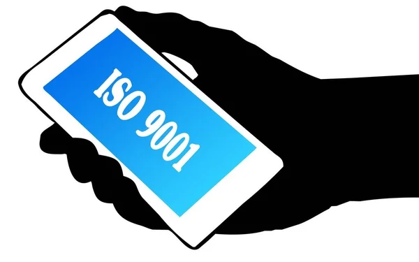 手持电话与 Iso 9001 文本的手剪影. — 图库照片