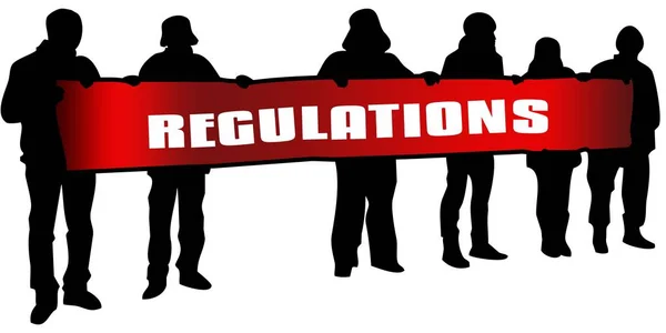 Vorschriften für rotes Banner von Menschen Silhouetten bei einer Kundgebung gehalten. — Stockfoto