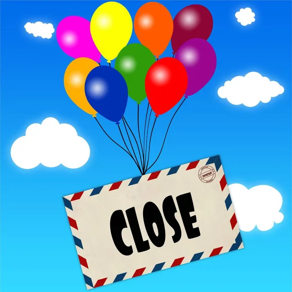 Envelope with CLOSE message attached to multicoloured balloons on blue sky and clouds background. — Stock Photo, Image