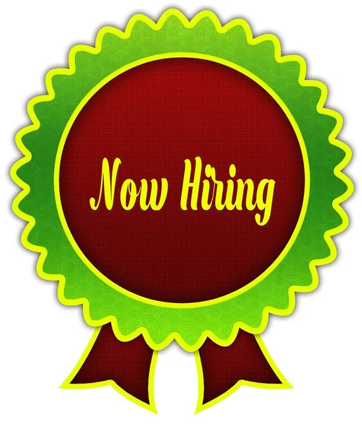 MAINTENANT HIRING sur badge ruban rond rouge et vert . — Photo