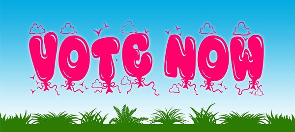 VOTE now written with pink balloons on blue sky and green grass background
.