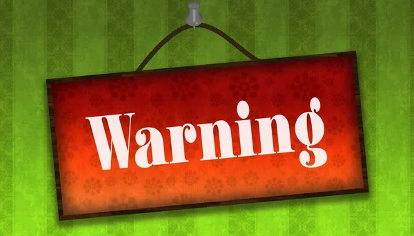 WARNING text on hanging orange board. Green striped wallpaper ba — Stock Photo, Image