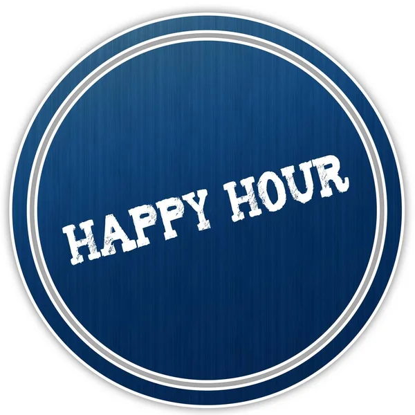 HAPPY HOUR texto angustiado no emblema redondo azul . — Fotografia de Stock