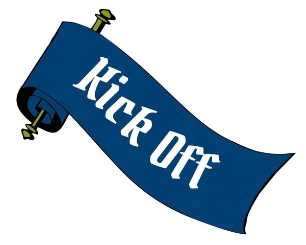Kick Off op blauw papier scroll beeldverhaal. — Stockfoto