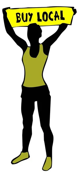 Silhouette femme sportive tenant une bannière jaune signe avec ACHETER du texte LOCAL . — Photo