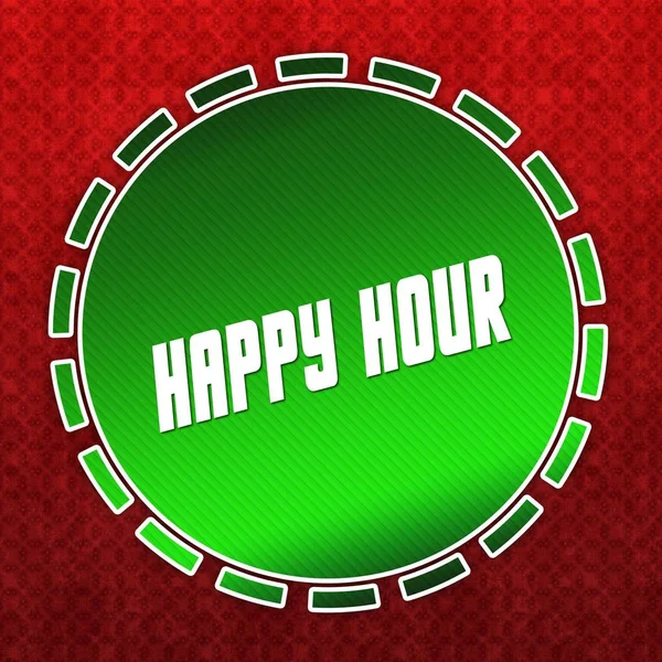 Emblema verde HAPPY HOUR no fundo padrão vermelho . — Fotografia de Stock