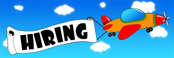 Cartoon aeroplane and banner with HIRING text on a blue sky back — Stock Photo, Image