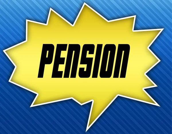 Bright yellow speech bubble dengan pesan PENSION. Latar belakang bergaris biru . — Stok Foto