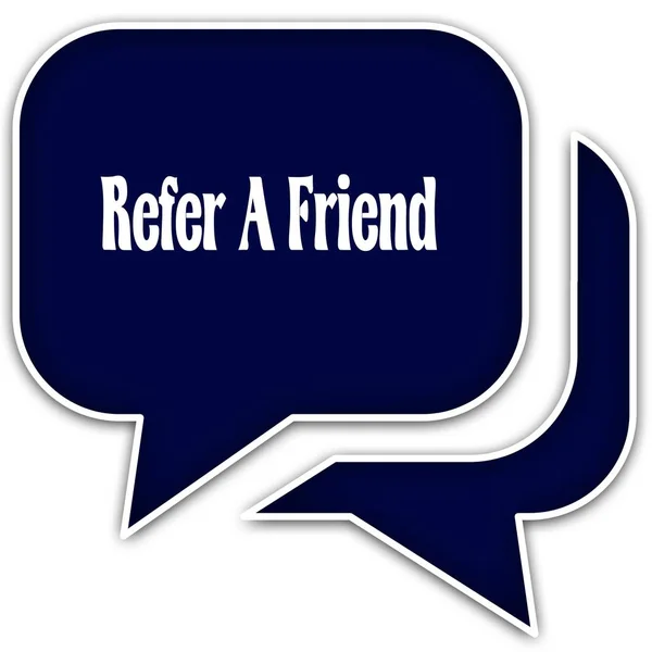 Refer A Friend na bubliny modré dialog. Izolované na bílém pozadí. — Stock fotografie