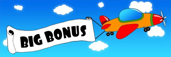 Cartoon aeroplane and banner with BIG BONUS text on a blue sky b — Stock Photo, Image