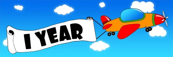 Rajzfilm repülőgép és a banner a kék ég vissza 1 év szöveggel — Stock Fotó