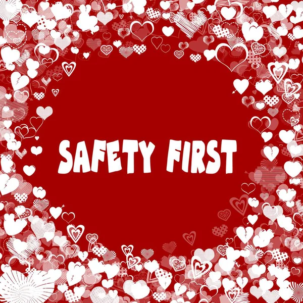 Hearts frame with SAFETY FIRST text on red background. — Stock Photo, Image