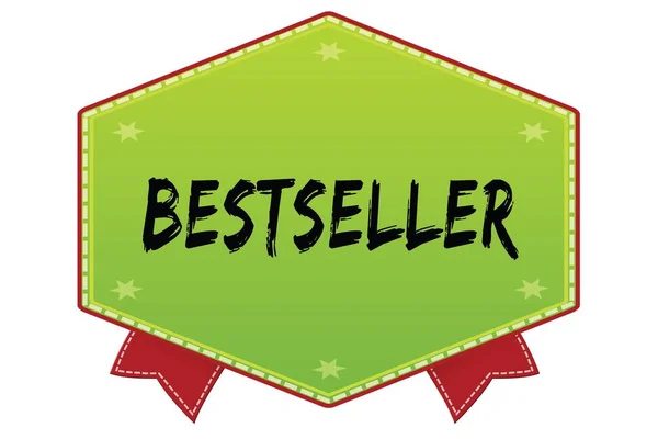 BESTSELLER on green badge with red ribbons — Stock Photo, Image