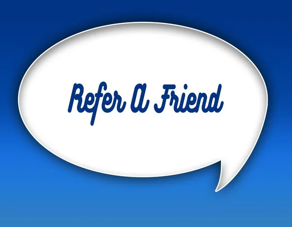 Refer A Friend tekst op dialoog ballon illustratie. Blauwe achtergrond. — Stockfoto