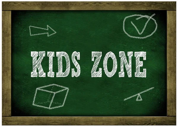 木框绿色黑板与儿童区信息手写在粉笔. — 图库照片