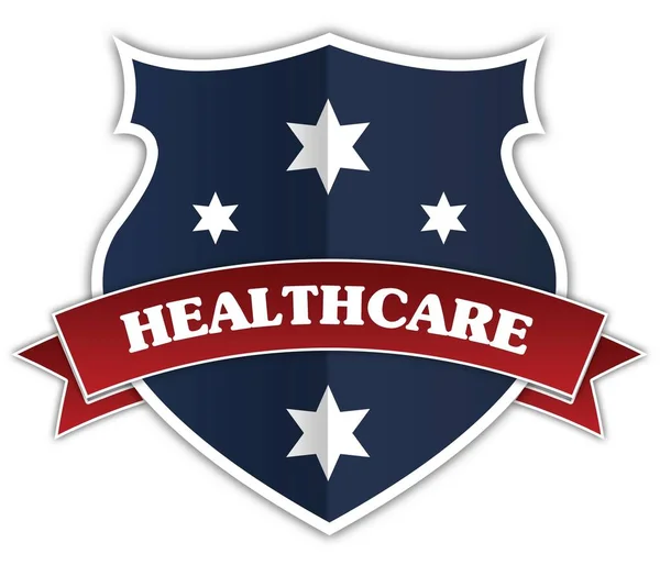 Синій щит і червона стрічка з текстом HEALTHCARE . — стокове фото