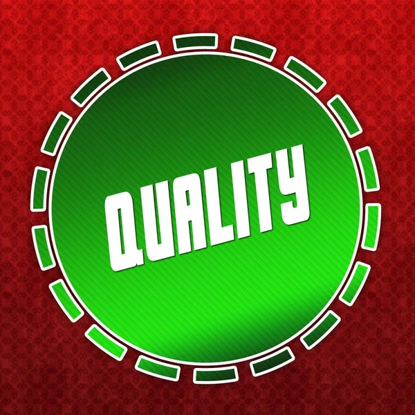 Green QUALITY badge on red pattern background. — Stock Photo, Image